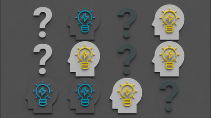 3d illustration male heads in profile with light bulb icons and questions mark in grid structure on gray background. Problem-solving concept.