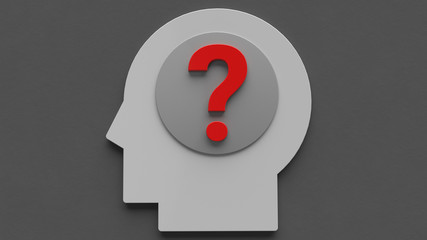 3d illustration male head in profile with question icon isolated on grey background. Idea symbol.