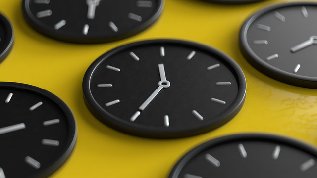 3d illustration black clock icons on the yellow background with depth of field. Time concept.