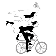 Just married happy couple bride and groom riding bicycle with flower bouquet. Vector illustration, clip art, cartoon, card design in black and white.