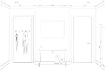 Sketch of the symmetrical modern hallway with two doors, a blank horizontal poster above a pedestal with a shopping bag. Front view. 3d render