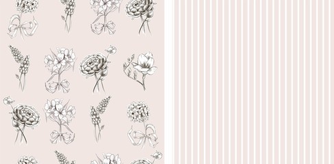 Set a seamless pattern. Pink pastel background with flowers and pink background with vertical white stripe. Beautiful garden flowers. hydrangea. for fabrics. decor. children