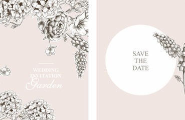 Flowers invitation template wedding card pastel pink hydrangea and roses