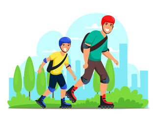 Vector characters dad and son roller skate outdoor