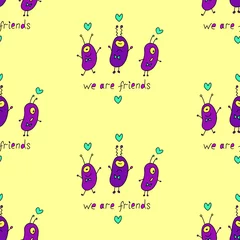 Aluminium Prints Monsters Vector color seamless repeating childish pattern with cute monsters aliens and space doodles. Baby background perfect for fabric, wrapping, wallpaper, textile, apparel, cover