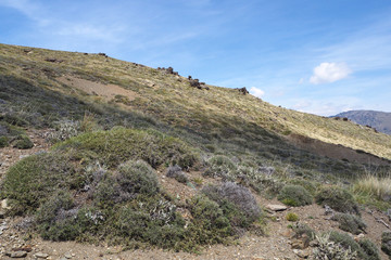 The mountain landscape with the slope covered by green grass, the dark rocks, blue sky with white clouds on the sunny spring day.