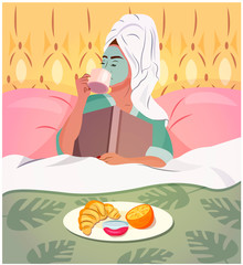 Young woman having a breakfast in bed with a book, wearing a towel on head and having facial procedures. Quarantine activities. Staying at home. Fashion trendy illustration.