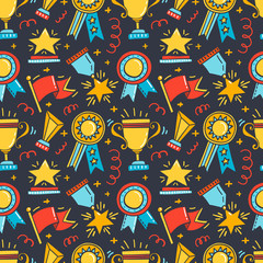 Seamless patterns with trophy, medals, cups and awards icons