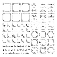 Set of vintage calligraphic dividers, frames, borders, corners. Vector hand drawn illustration. - 337684112