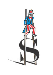 Hand drawn cartoon illustration of Uncle Sam on Stilts and Dollar Sign