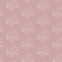 Seamless pattern with Easter cake or sweet bread or Paska. Spring festive background and texture with traditional orthodox food in contour doodle style. Hand Drawn vector illustration