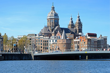 Fototapeta premium City scenic from Amsterdam in the Netherlands with the Niklaas church