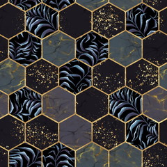 Marble hexagon seamless texture with gold. Tropical plants background