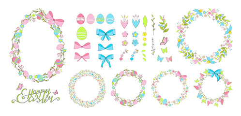 Set of hand drawn isolated vector elements in positive spring colors. Clip art for Easter design. Flowers, leaves, butterflies in doodle style. Decorated painted eggs. Floral frames with bow, ribbons