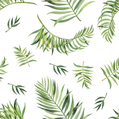 Pattern with beautiful watercolor tropical leaves. Tropics. Realistic tropical leaves.