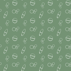 Pill, capsule on a green background. Digital doodle art seamless contour pattern. Print for banners, posters, paper, textiles.