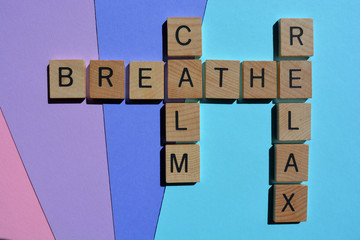 Calm, Breathe, Relax, crossword on colorful background