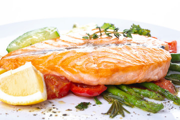 Grilled salmon steak butterfly with vegetables