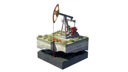 Oil pump jack at a drill site in a desert with oil barrels and refinery tanks on a floating island. 3d illustration. Perfect for explainer or infographic.