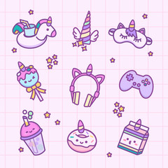 Vector set of cute unicorn icons, patches, stickers set in kawaii 80s, 90s style. Cute doodle such as headphones, donat, pacage of milk, joystick, unicorn horn, bubble tea, sleep mask