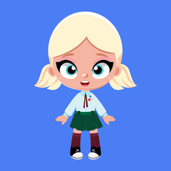 Funny cute blonde hair little girl in school uniform. Vector isolated illustration in cartoon style