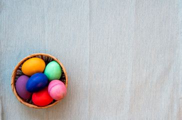 easter eggs in a basket on background