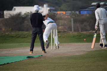 Full length of cricketer playing on field during sunny day, Cricketer on the field in action,...