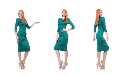 Fototapeta premium Beautiful woman in blue dress isolated on white