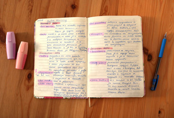handwriting text on a striped open notebook with blue ink of a pen and pink and purple markers on a...