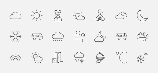 Set of Weather vector line icons. Contains symbols of the sun, clouds, snowflakes, wind, rainbow, moon and much more. Editable Stroke. 32x32 pixels.