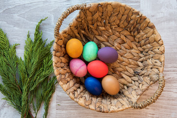 colorful easter eggs in a basket