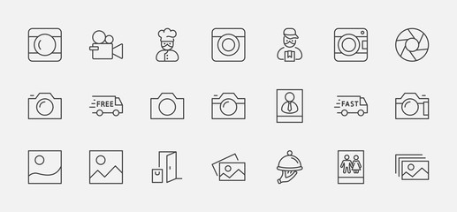 Set of Cameras and photo, vector line icons. Contains symbols of portraits and family photos and much more. Editable Stroke. 32x32 pixels