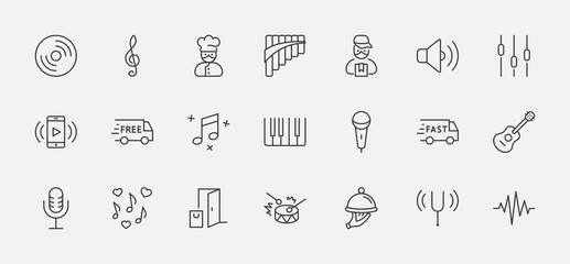 Set of Music Related Vector Line Icons. Contains such Icons as Pan Flute, Piano, Guitar, Treble Clef, In-ear and more. Editable Stroke. 32x32 Pixels