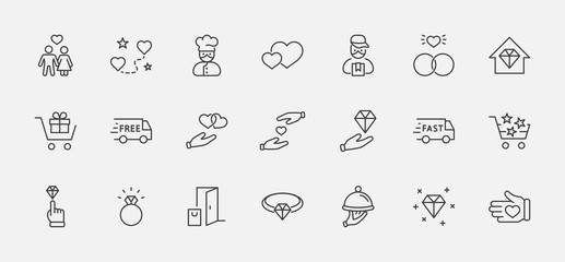 International Jeweler Day Set Line Vector Icons. Contains such Icons as Love, Heart, Hand, Family, Wedding Rings, Diamond, Jewelry store, Gift, Basket and more. Editable Stroke. 32x32 Pixels