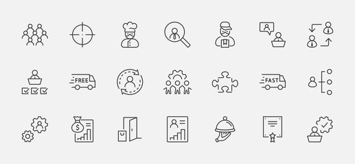 Set of People Management Related Vector Line Icons. Contains such Icons as Target, Puzzle, Certificate, Personal data processing, Task Manager, Qualification, Head Hunting and more. Editable Stroke