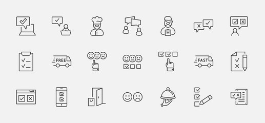 Set of Survey Related Vector Line Icons. Contains such Icons as Smile, Sad, Review, Click, Check, Customer Opinion, Web Survey and more. Editable Stroke. 32x32 Pixels