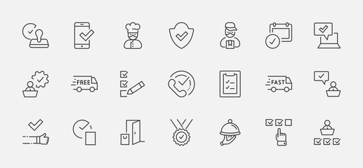 Set Approve Vector Line Icons. Contains such Icons as Quality Check, Protection Guarantee, Accepted Document and more. Editable Stroke. 32x32 Pixels