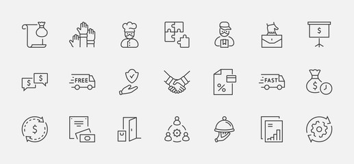 Set of Business Cooperation Vector Line Icons. Contains such Icons as Puzzle, Partnership, Money, Handshake, Dollars, Team, Synergy, Work, Interaction and more. Editable Stroke. 32x32 Pixels