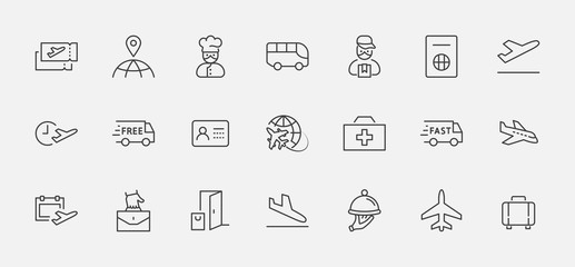Set of Airport Related Vector Line Icons. Contains such Icons as Globe, Departure, Plane, Bus, Tickets, Baggage Claim, Calendar, Kit and more. Editable Stroke. 32x32 Pixels.