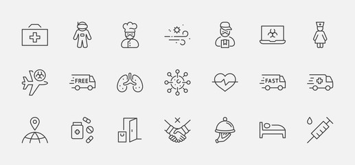 Set of Coronavirus Protection Vector Line Icon. Contains such Icons as Ambulance, Novel CoronaVirus, Protective Measures, Symptoms, Incubation Period and more. 32x32 Pixels. Editable Stroke