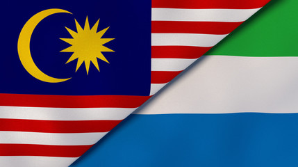The flags of Malaysia and Sierra Leone. News, reportage, business background. 3d illustration