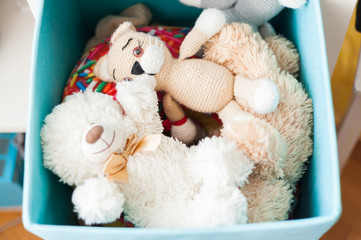 A white teddy bear and knitted toy seals lie in a blue box. Toy storage systems in the children's room.