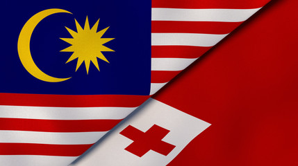 The flags of Malaysia and Tonga. News, reportage, business background. 3d illustration