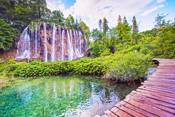Incredibly beautiful fabulous magical landscape with a bridge near the waterfall in Plitvice, Croatia (harmony meditation, antistress - concept)