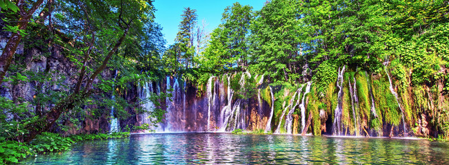 Magical beautiful, breathtaking scenic scenery with waterfalls in the national reserve in Plitvice, Croatia. Charming places. Panorama.