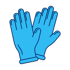 Obraz premium Medical gloves - covid prevention concept. Vector Covid-19 icon, Coronavirus element or sticker in flat line style. Blue and neon turqoise palette
