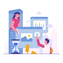 Woman and Man Freelancers Work from Home with City Urban Landscape Flat Style Vector Illustration