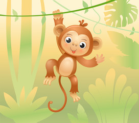 The monkey jumps on branches and vines. Cheerful monkey. Animals in the jungle. Joyful monkey. Vector illustration