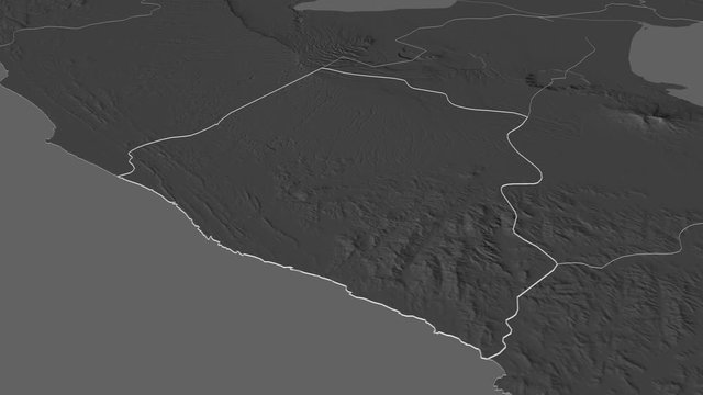 Carazo, department with its capital, zoomed and extruded on the bilevel map of Nicaragua in the conformal Stereographic projection. Animation 3D