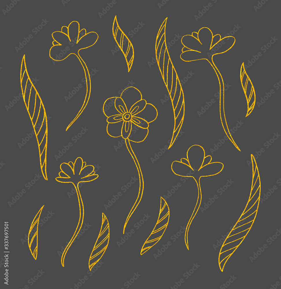 Wall mural Botanical set with golden lineart simple leaves and flowers. Hand painted elements isolated on grey background. Clip art for design